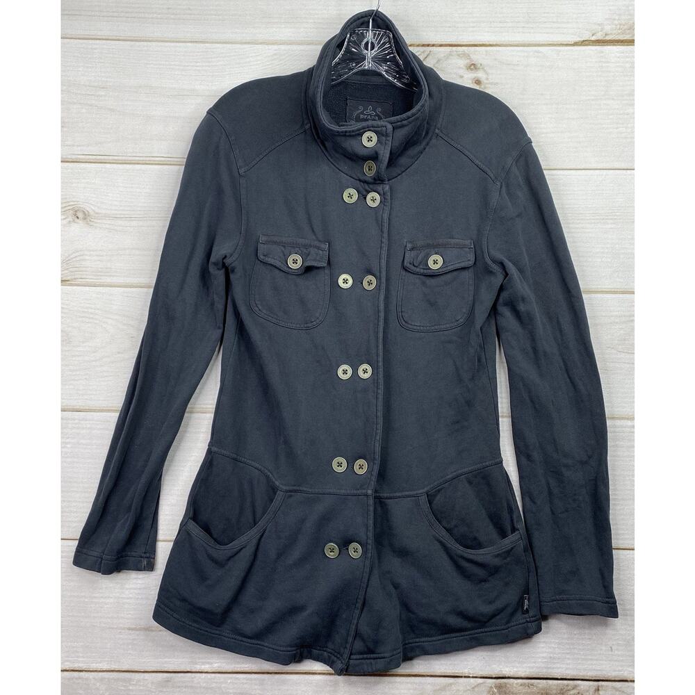 Prana Jacket Womens M Gray Button Up Pockets Mock Neck Stretch Sweatshirt Cotton